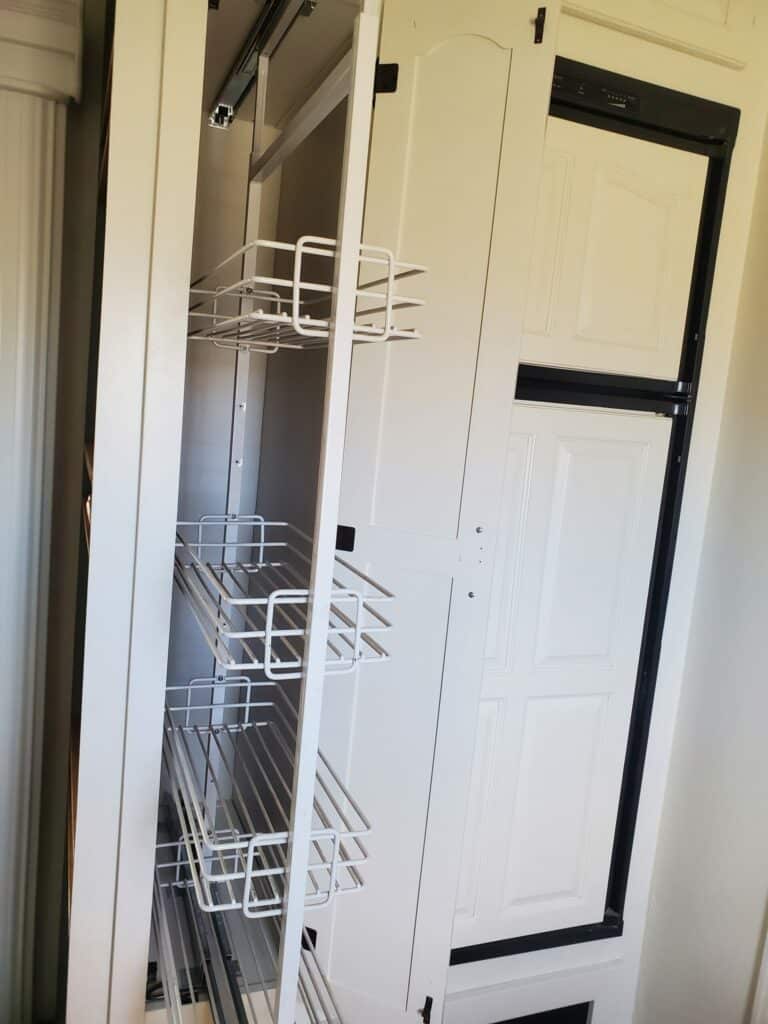 small RV kitchen ideas narrow pull-out pantry cabinet
