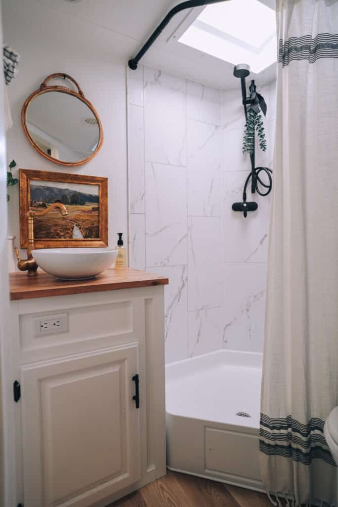 modern golden rv shower renovation