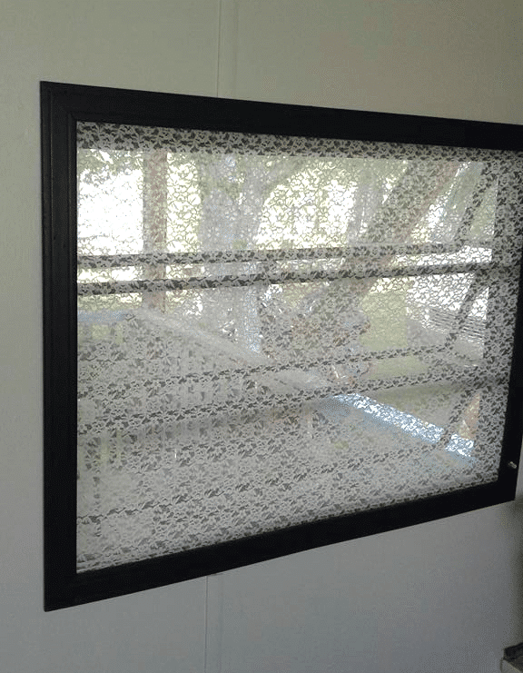 RV window treatment idea: screen replaced with lace by Madeleine Trefry