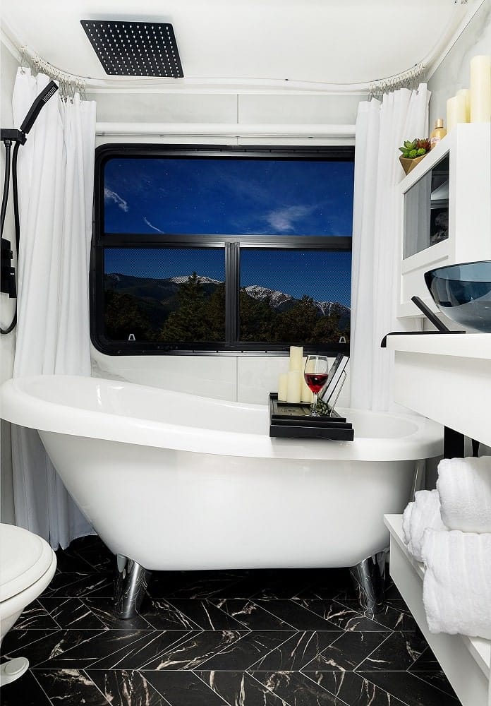 RV bathroom with bathtub