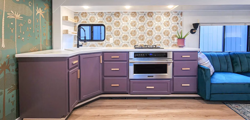 Purple painted cabinets in a motorhome
